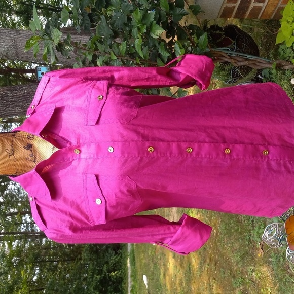 Tory Burch Brigitte Pink Purple Long Sleeve Roll Tab Button Up Blouse - Picture 2 of 14